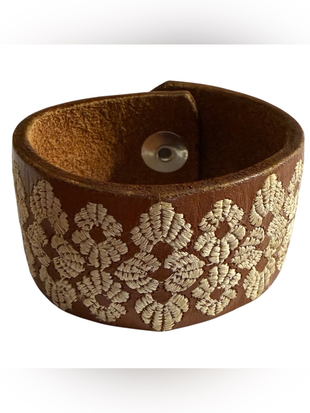 Custom Upcycled Vintage Leather Embroidered Boho Floral Cuff Bracelet Silver